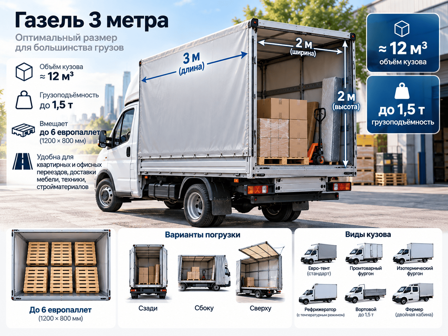 Газель 3 метра — размеры кузова 3 на 2 на 2 метра, объём 12 м³, грузоподъёмность до 1,5 тонны, до 6 европаллет
